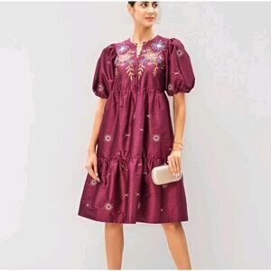 Wayward Fancies eShakti Red Plum Multi Floral Embroidery Tiered Dupioni Dress 3X